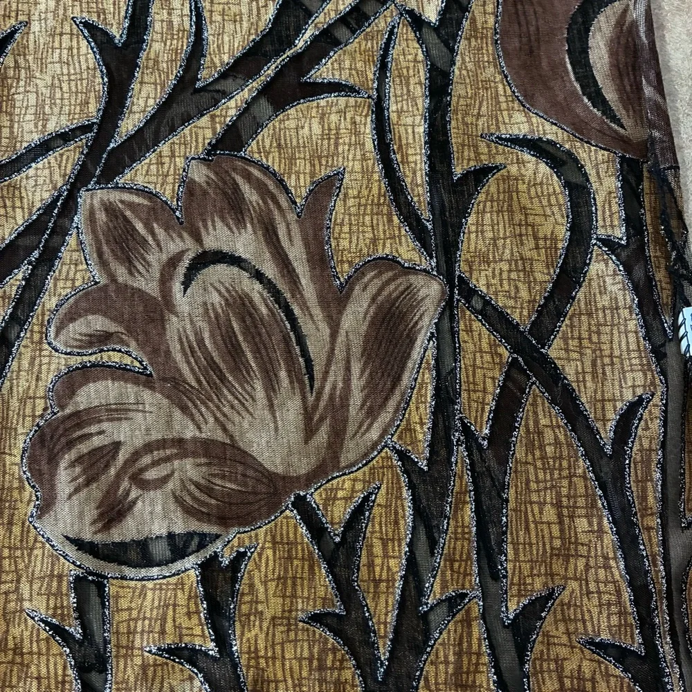 Black & Golden Brown Floral Pattern With Silver Glitter Scarf With Fringe - Picture 4 of 11